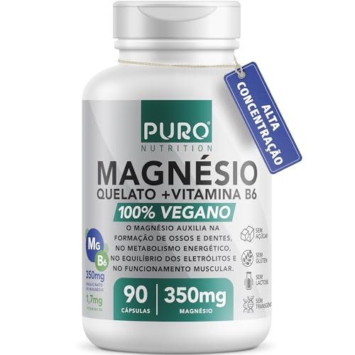 Magnésio Puro Nutrition, Quelato, Bisglicinato + Vitamina B6, 350mg Magnésio por Porção, 90 Cápsulas, Suplemento Vegano