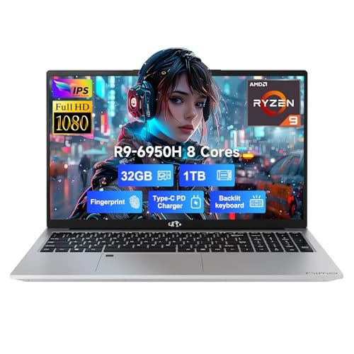 NIMO Laptop para Jogos de Negócios FHD 17.3, AMD Ryzen 9 Pro 6950H 680M DDR5 de 8 núcleos (Beatsi9-10900, até 4,9 GHz), 32GB DDR5 RAM 1TB SSD, 100W tipo C, teclado retroiluminado, impressão digital,