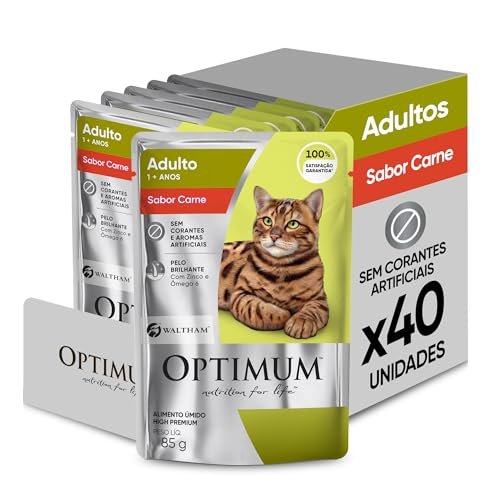 Pack Ração Úmida Optimum Sachê para Gatos Adultos Sabor Carne 85g – 40 unidades