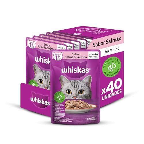 Pack Ração Úmida Whiskas Sachê Salmão ao Molho para Gatos Adultos 85 g – 40 unidades