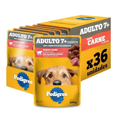 Packs de Ração Úmida Pedigree para Cães Adultos Sênior 7+ Anos, Sachê Carne ao Molho, 36 Sachês de 100 g