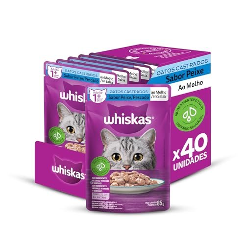 Packs de Ração Úmida Whiskas Sachê para Gatos Adultos Castrados, Peixe ao Molho, 40 Sachês de 85 g