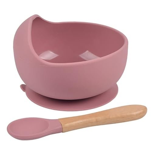 Prato Infantil Em Silicone Com Ventosa + Colher Em Cabo De Madeira