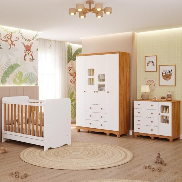 Quarto Bebê Completo Berço Americano Ben 3 Em1 Guarda Roupa 4 Portas e Cômoda Uli 4 Gavetas 100% MDF