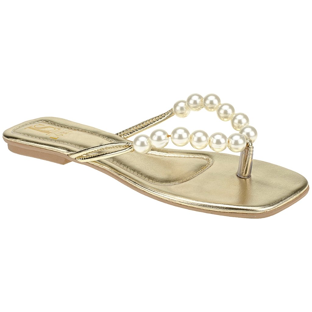 Rasteira de Pérolas Fashion Dourada Rasteirinha Tendência Ano Novo Sandália Sandalia