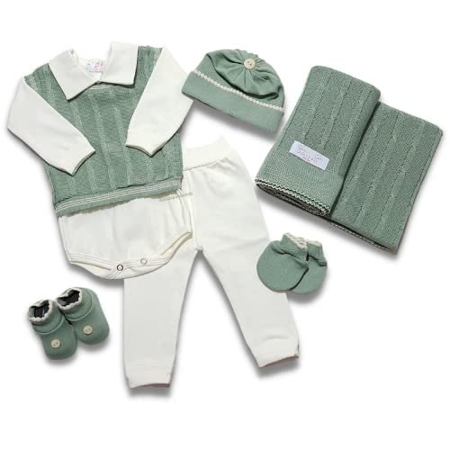 Saida Maternidade Completa Recem Nascido Menino Menina 7 Peças Sanches Baby (A Verde Militar com Natural)