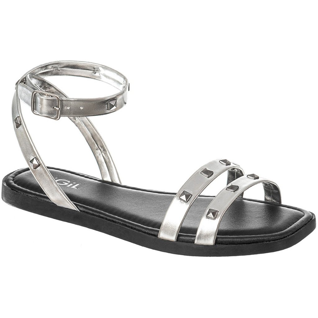 Sandalia Feminina Rasteira Flatform Com Tachas Pirâmides Metalizada Confortável Papete Original Gigil