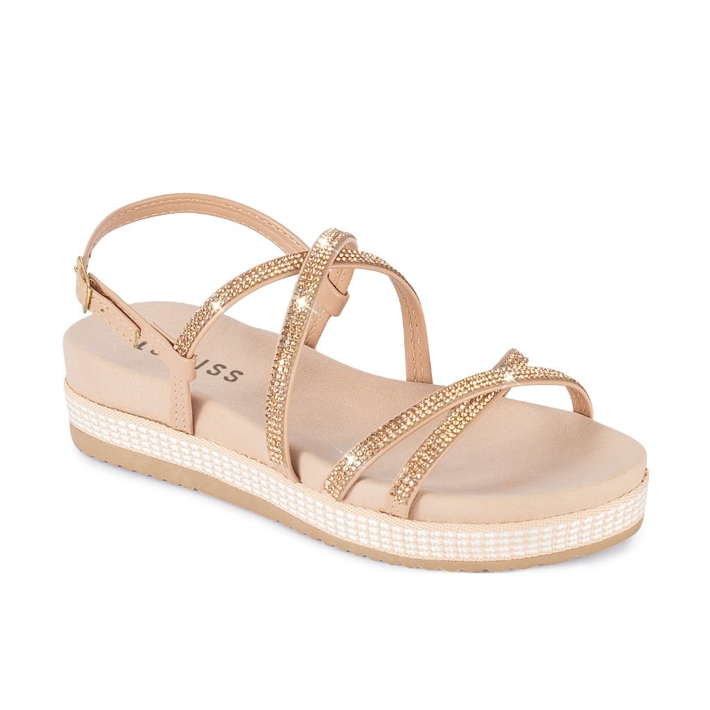 Sandália Feminina Lumiss Papete Flatform Strass Brilho Cristal Confortável Moderna Blogueira Fashion Plataforma Tiras Sandalia