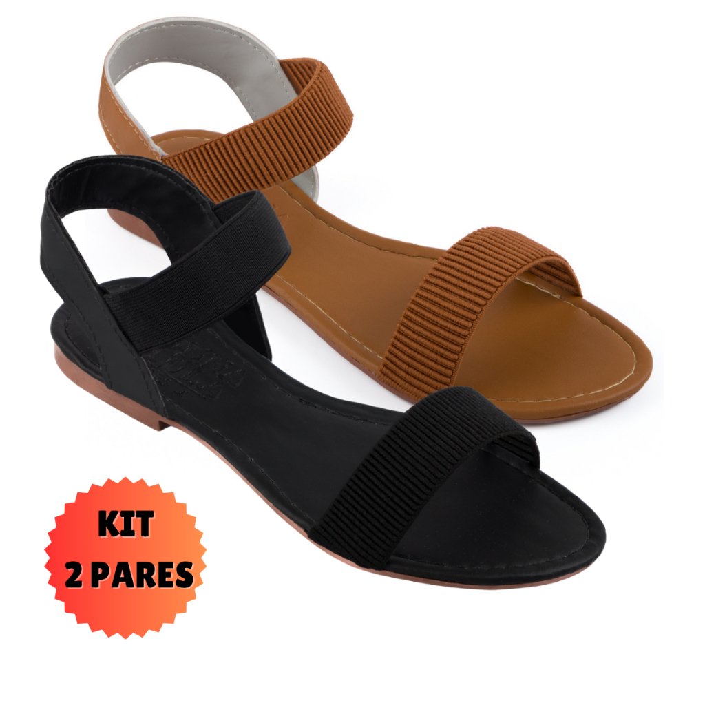 Sandália Feminina Rasteirinha Rasteira Feminina Kit 2 Pares Confortável Tiras Calcanhar Elástico Dia a Dia Sandalia