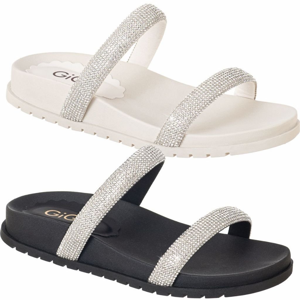 Sandália Feminina Rasteirinha Tamanco Papete Flat 2 Tiras Strass Original Brilho Gigil Sandalia