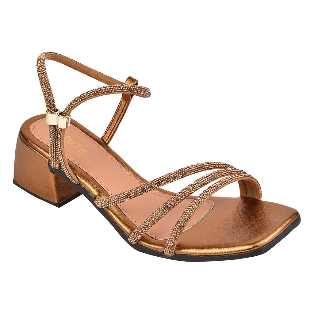 Sandália Feminina Salto Bloco Grosso Três Tiras Brilho Strass Ajustável Confortável Moda Sandalia