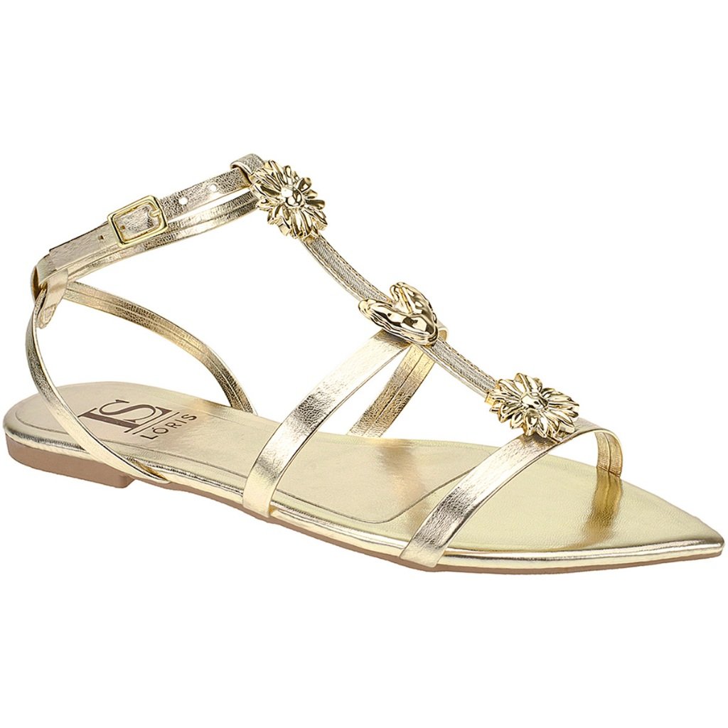 Sandália Rasteira Bico Fino Folha Gladiadora com ABS Dourado Fivela Confortável Sandalia