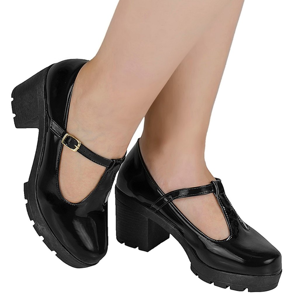 Sapato Boneca Feminino Preto Plataforma Mary Jane Tratorado Confortavel