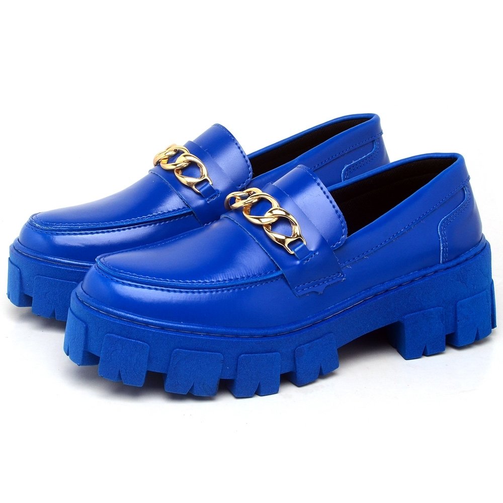 Sapato Mocassim Dubuy Oxford Feminino Azul Still Correntes Douradas