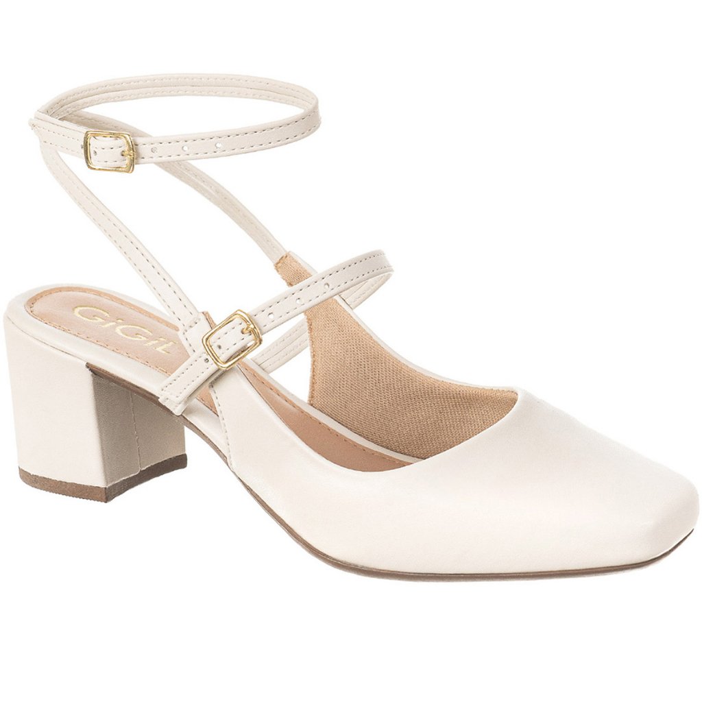 Scarpin Feminino Sapato Slingback Retrô Salto Bloco Grosso Bico Quadrado Confortável Original Gigil