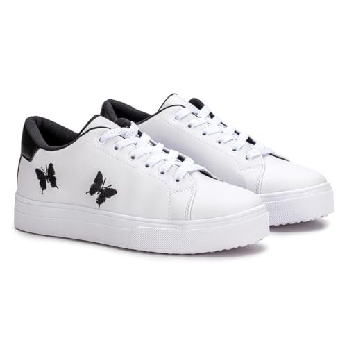 Tênis Casual Feminino Branco Borboleta Estilo Shoes (BRANCO/PRETO, BR, Adulto) Tenis