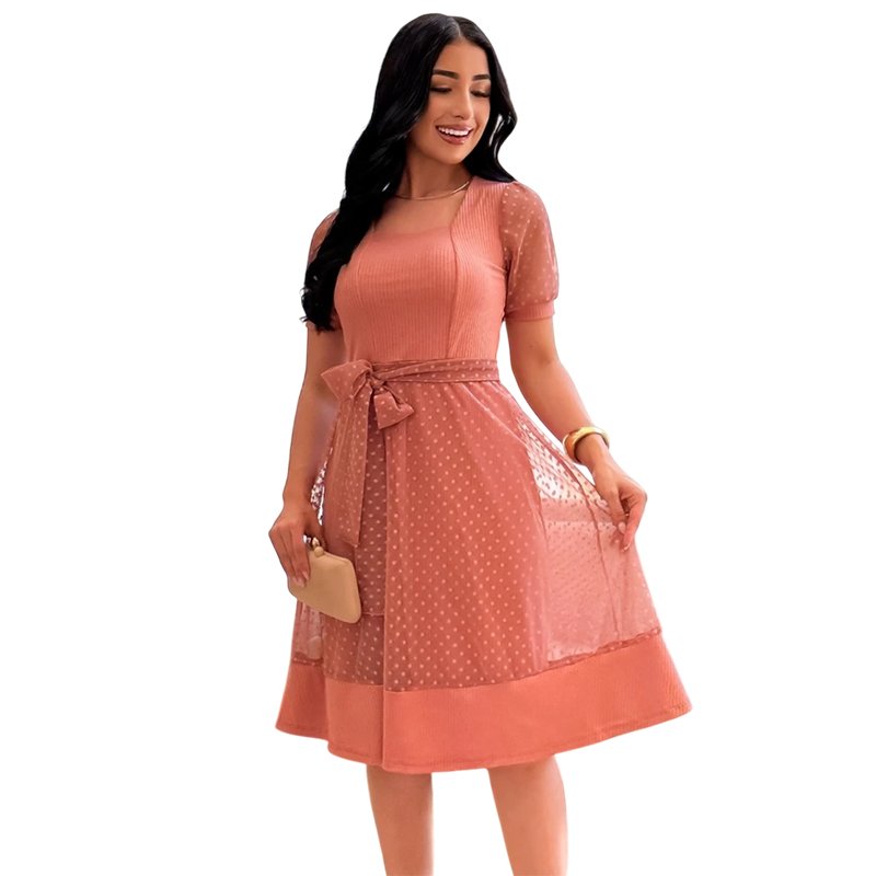 Vestido Gode Midi Canelado com Tule Com Faixa Para Amarrar