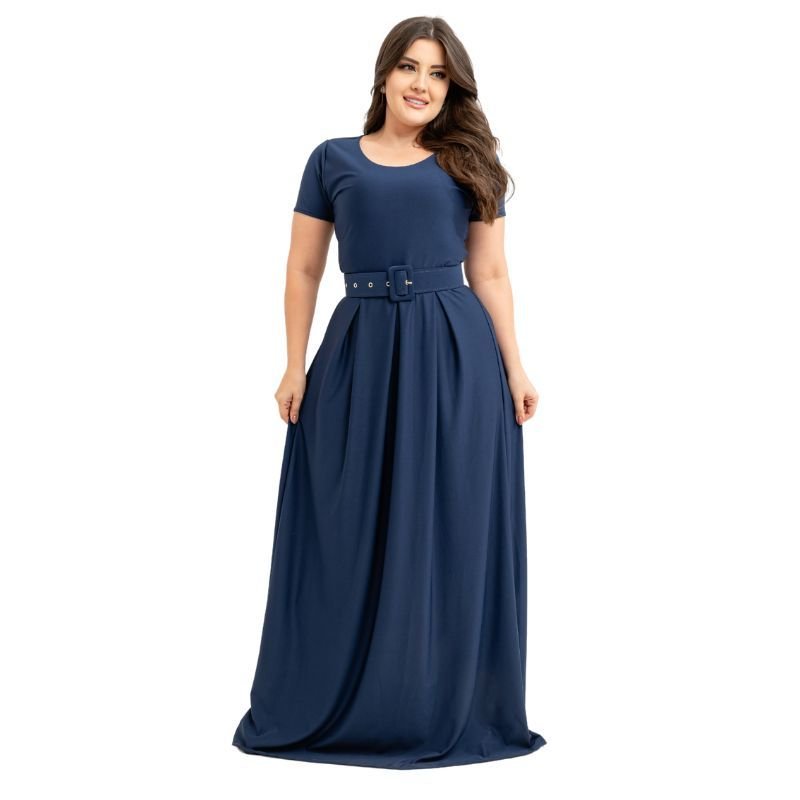 Vestido Longo Estampado Liso Com Cinto De Brinde Moda Evangélica