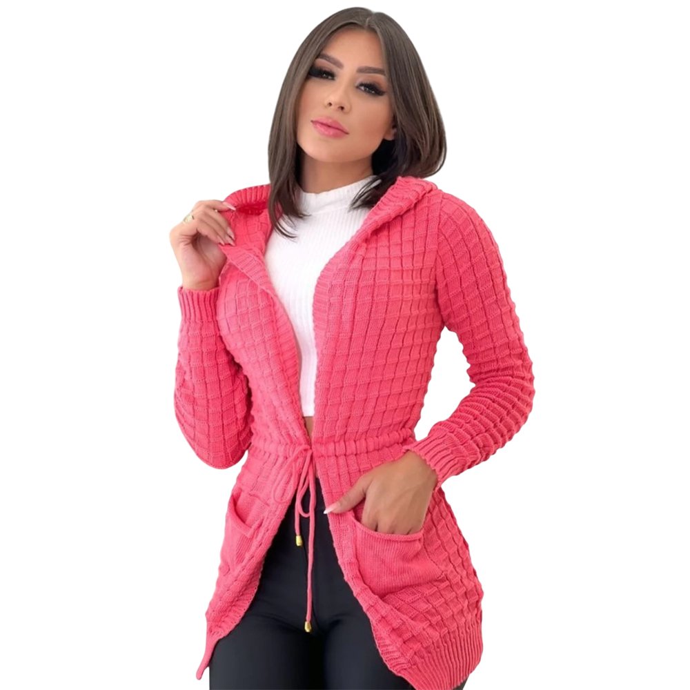 Casaco Feminino Inverno Cardigã Capuz E Bolso Tricot Parka Kimono