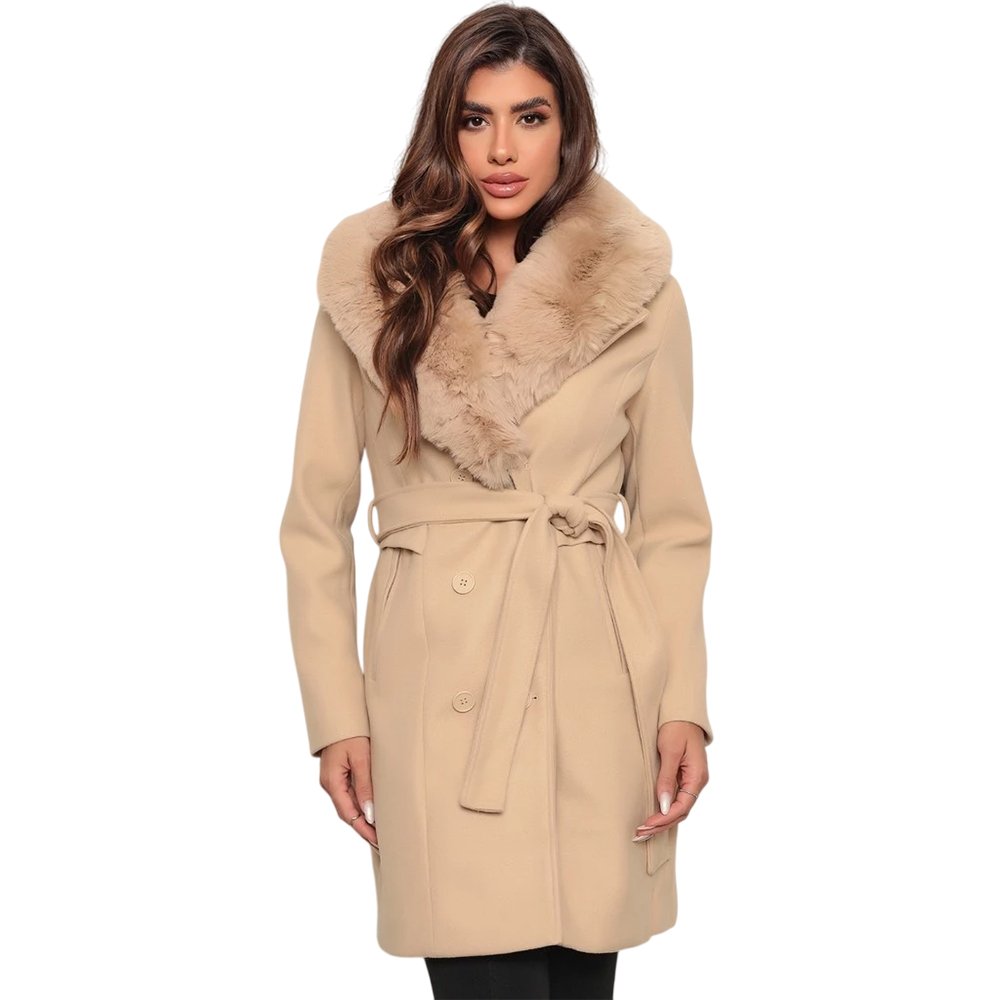Casaco Feminino Lã Batida Pelinho Pelo Forrado Gola Peluciada Trench Coat Botões Premium Inverno Longo Pelúcia Sobretudo