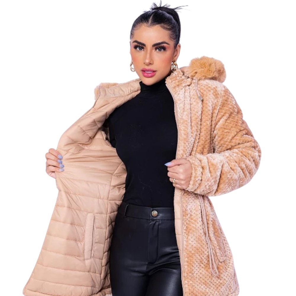 Parka Teddy Dupla Face com Capuz Removivel Peluciada