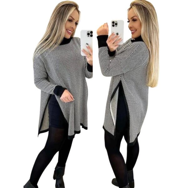 Poncho de Trico Feminino Xadrez gola alta Quadriculado Inverno 2024 Tricot Moda Blusa De Frio