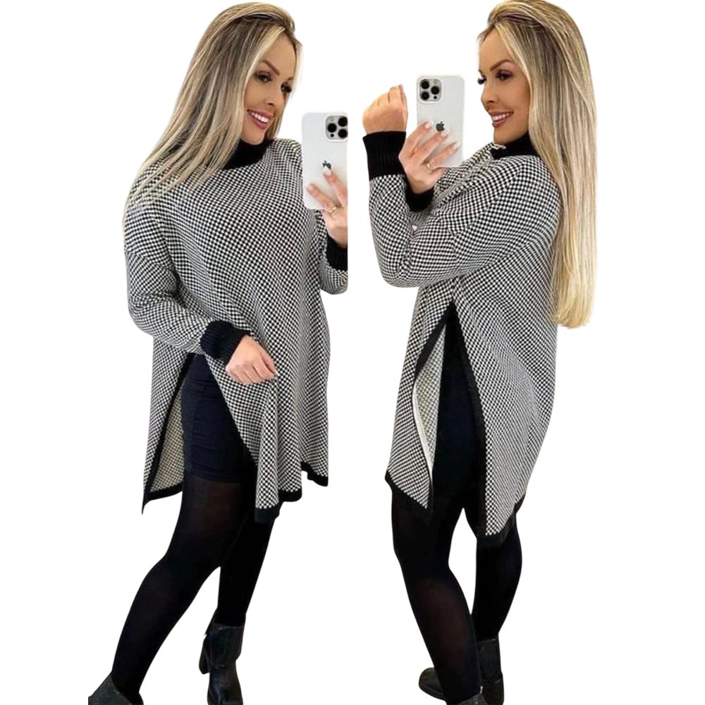 Poncho de Trico Feminino Xadrez gola alta Quadriculado Inverno Tricot Moda Blusa De Frio