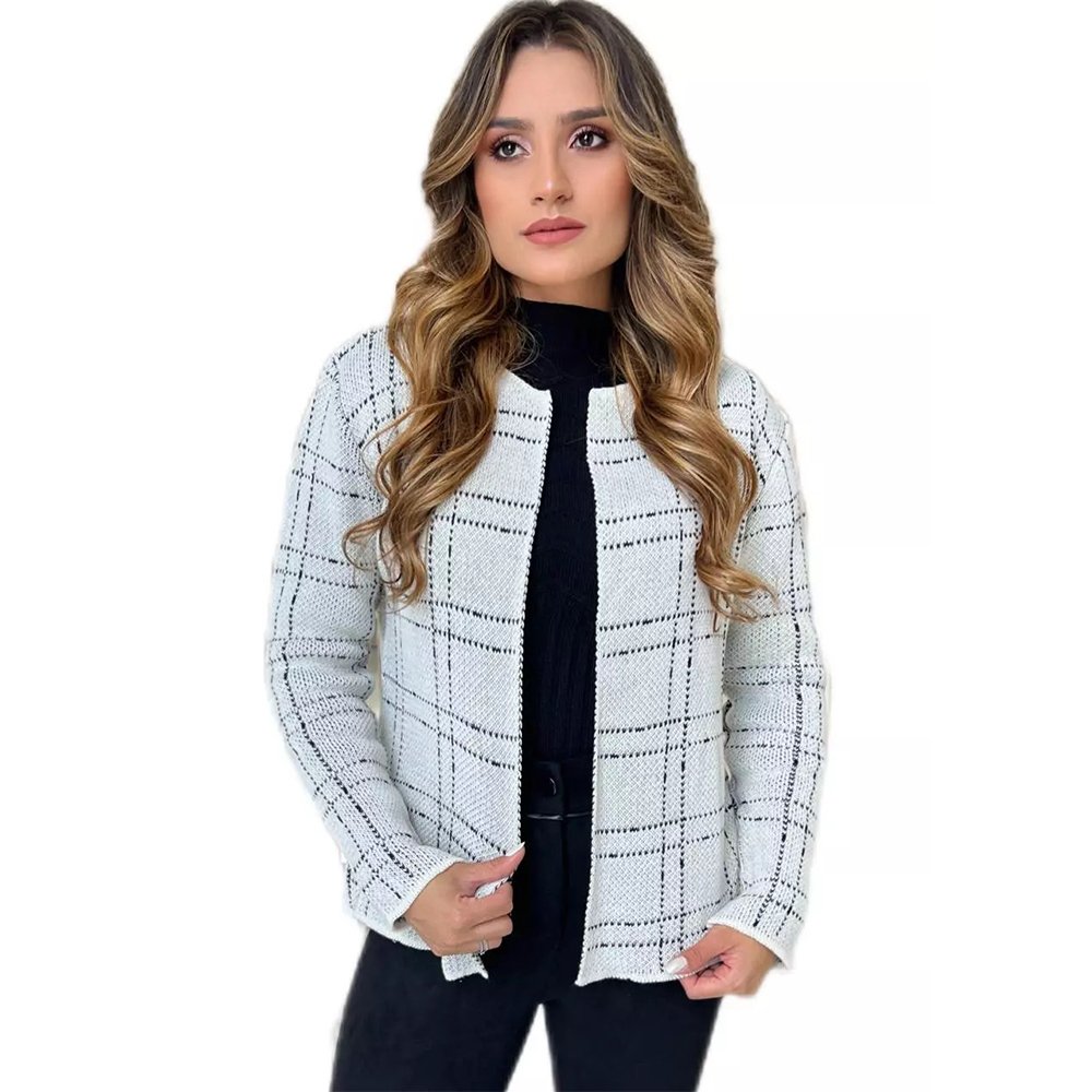 Casaco Blazer Xadrez Feminino Tweed Tricot Feminino