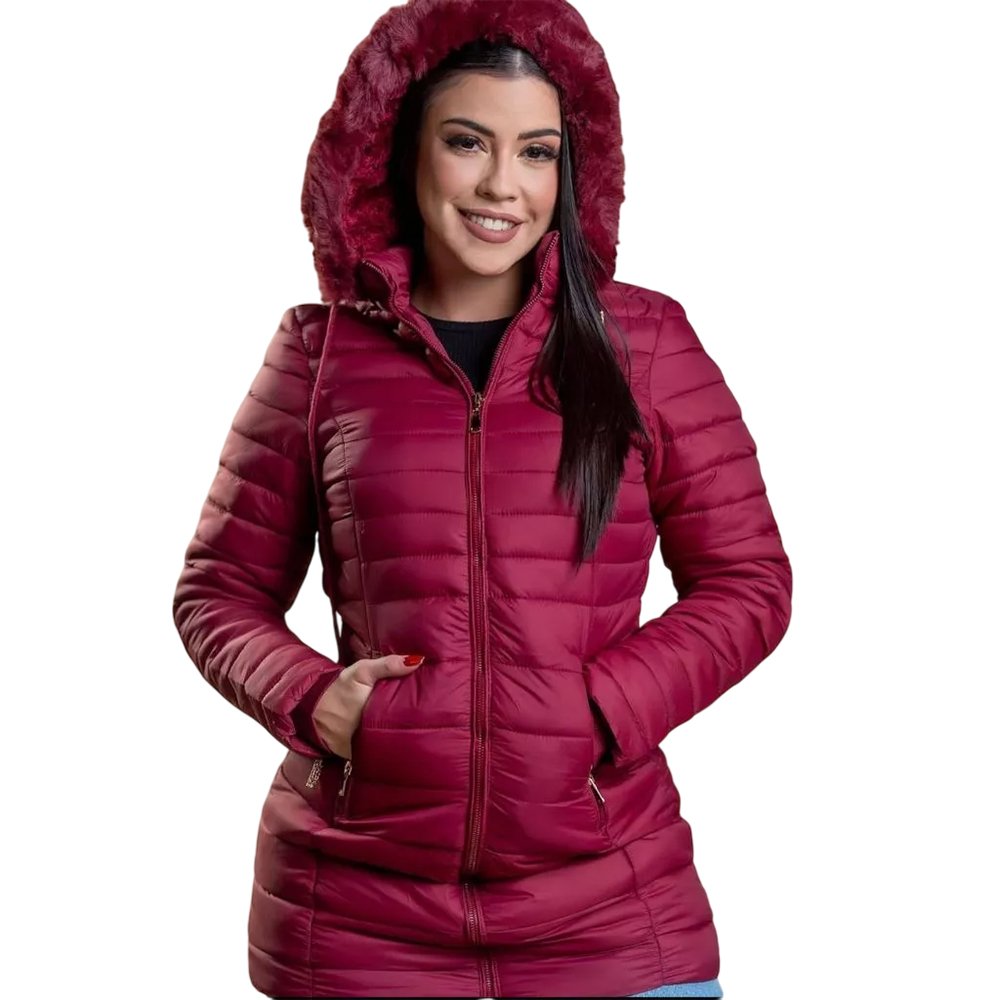 Casaco Sobretudo Parka Nilon Feminino Forrada Pelucia Teddy Com Capuz
