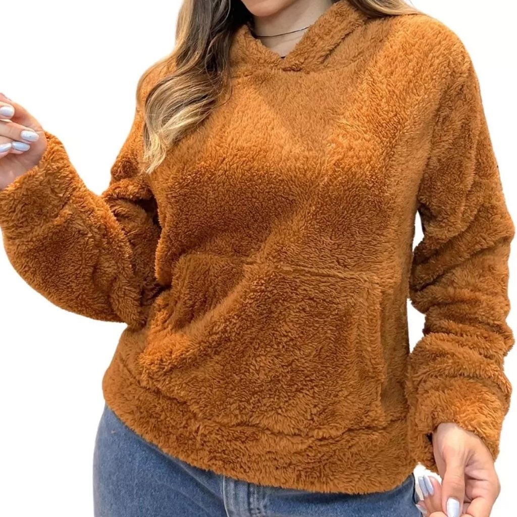 Casaco Peluciado Feminino Manga Longa Modelo Teddy Canguru