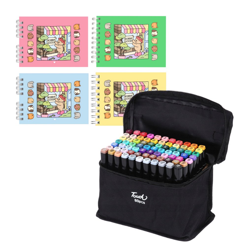 Kit Livro de Colorir Bobbie Goods 80 Canetinhas Ponta Dupla Marcador 50 Páginas Pintura Desenhos